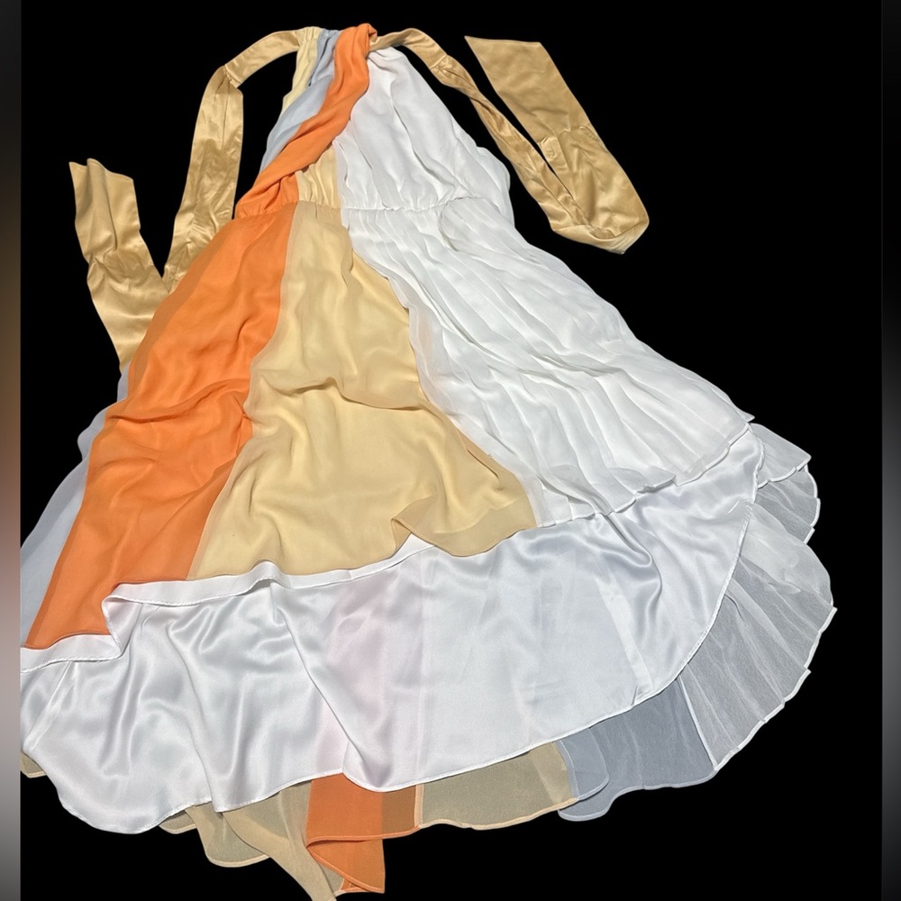 BCBG Asymmetrical Dress in Orange, Gold, and White